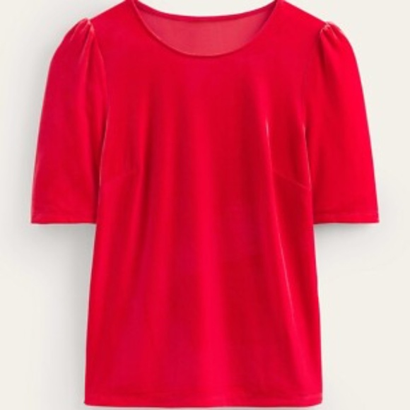 Boden Red Velvet T-Shirt with Puff Sleeves, NWOT, Size 6 - Picture 2 of 5